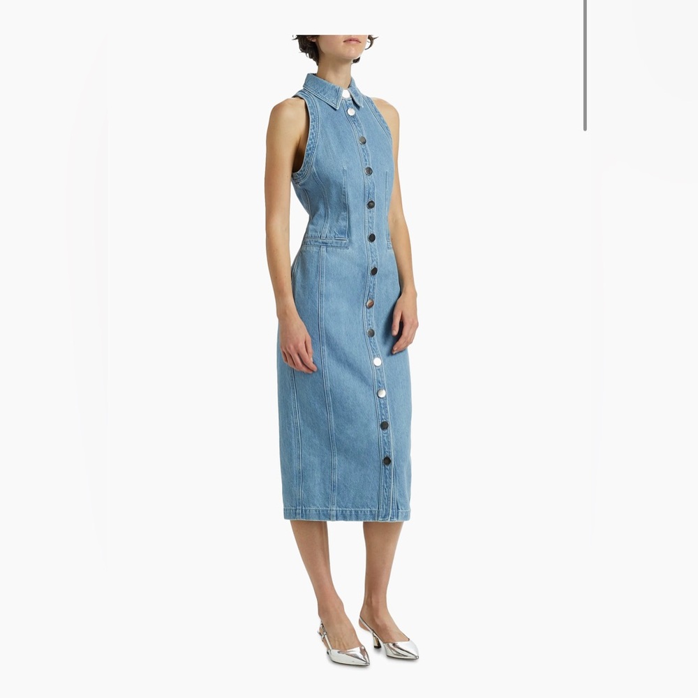 TOCCIN Palmer Washed-Denim Button-Front Midi-Dress in Light Wash - Picture 4 of 10